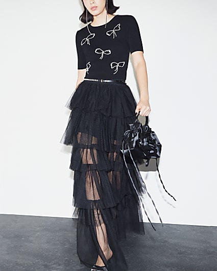 Black Mesh Tulle Layered Maxi Skirt