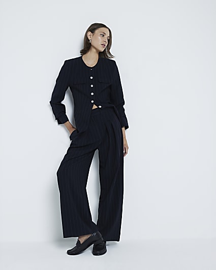 Navy Pinstripe Wide Leg Trousers