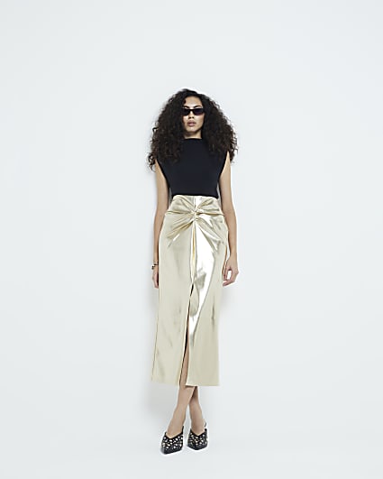 Gold Split Front Twist Detail Midi Skirt