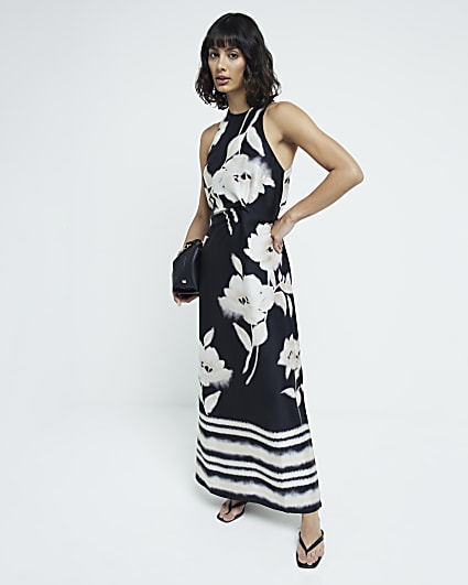 Black satin floral twist slip maxi dress