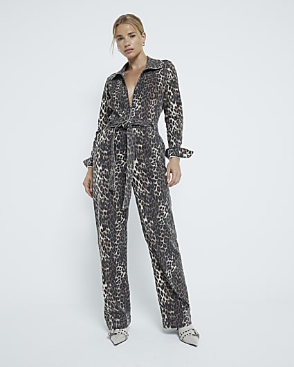 Brown Leopard Print Denim Jumpsuit