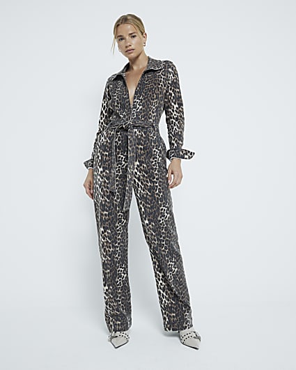 Brown Leopard Print Denim Jumpsuit