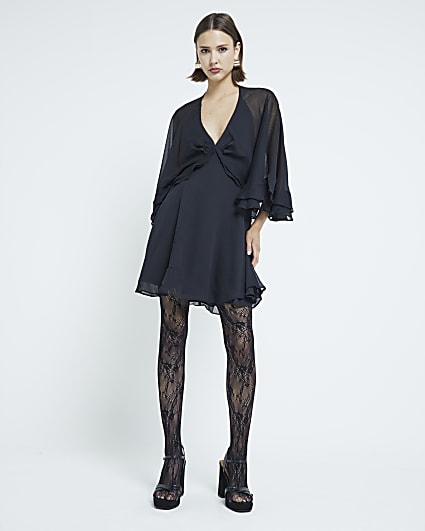 Black Long Sleeve Chiffon Cape Mini Dress