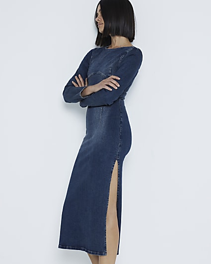 Blue Denim Long Sleeve Bodycon Dress