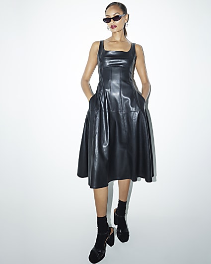 Black Faux Leather Midi Dress