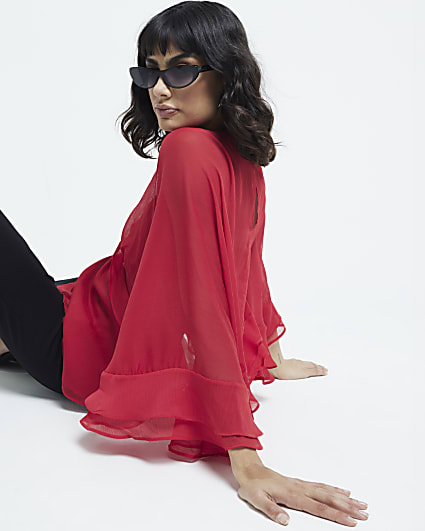 Red Long Sleeve Ruffle Cape Top