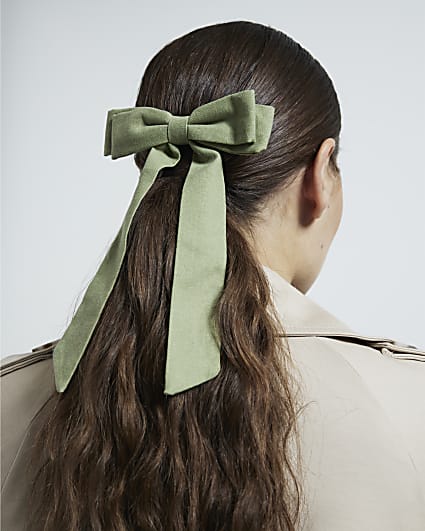 Green linen bow hair clip