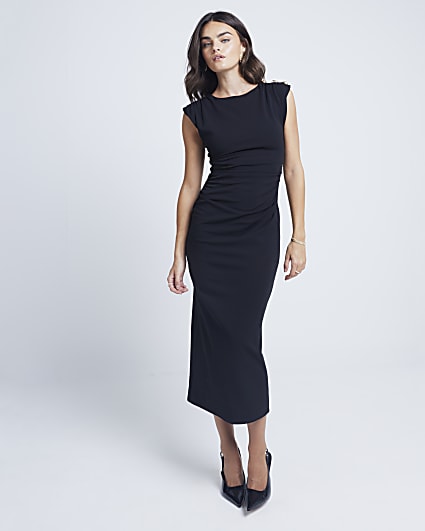 Black shoulder pad drape bodycon midi dress