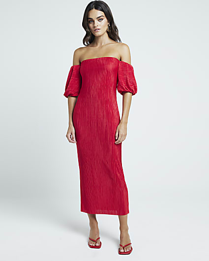 Red plisse bardot midi dress