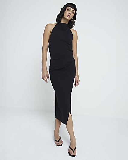 Black open back bodycon midi dress