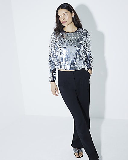 Silver Premium Sequin Long Sleeve Crop Top