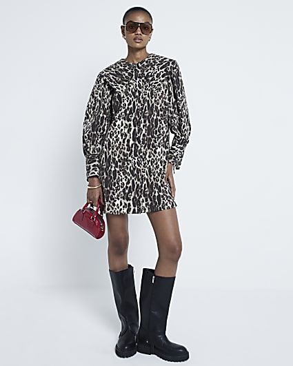 Brown Leopard Large Collar Mini Shirt Dress