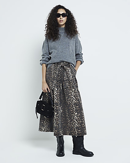 Brown Denim Leopard Print Smart Skirt