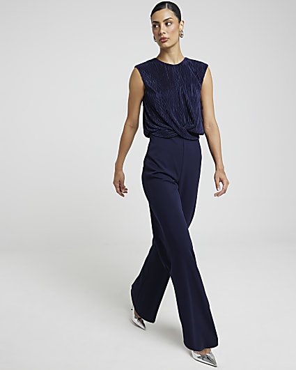 Navy plisse top wide leg jumpsuit