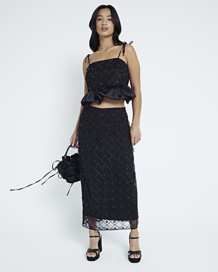 Petite Black Satin Beaded Midi Skirt