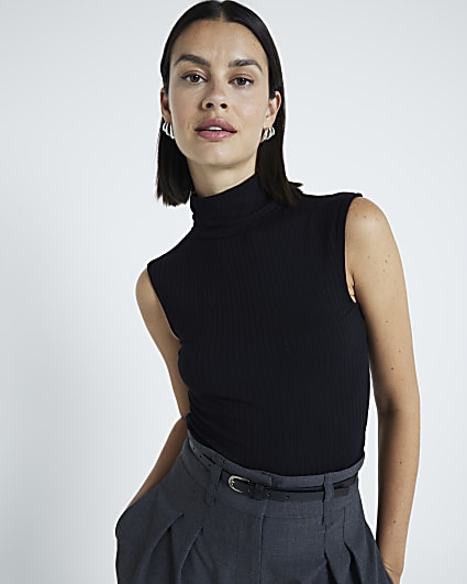 Black sleeveless ribbed roll neck tank