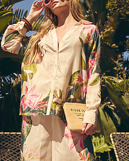 Cream Botanical Print Beach Shirt