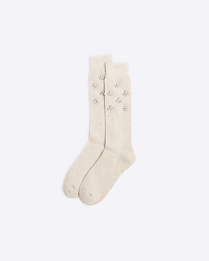 Beige Embellished Sock