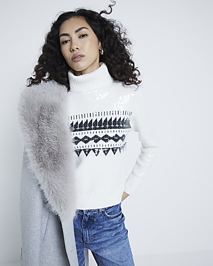 White Sequin Fairisle Print Roll Neck Jumper