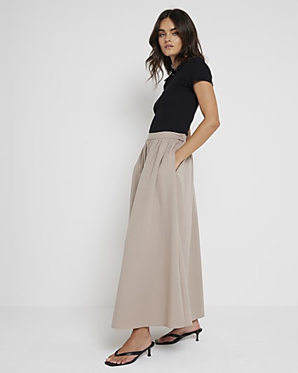 Beige Poplin Prom Midi Skirt