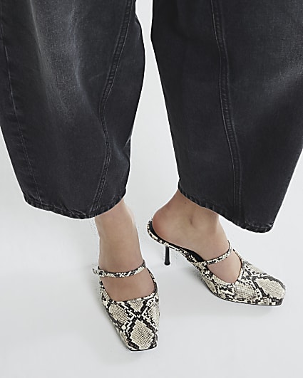 Grey Snake Buckle Strap Mule Heel Shoes