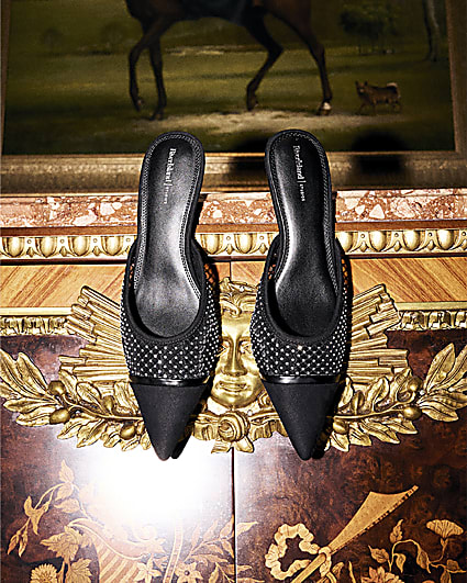 Black Gem Mesh Pointed Toe Kitten Heel Mules