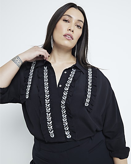 Plus Black Frill Diamante Trim Shirt