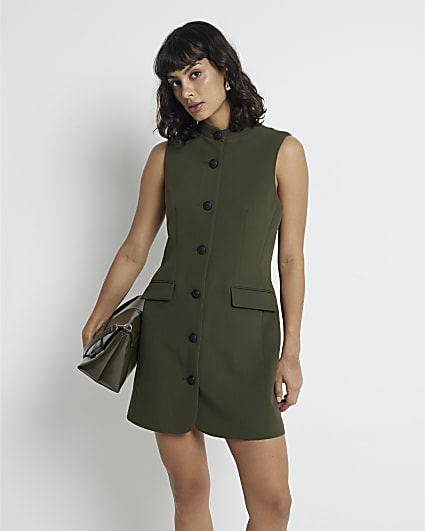 Khaki Pocketed Military Mini Dress