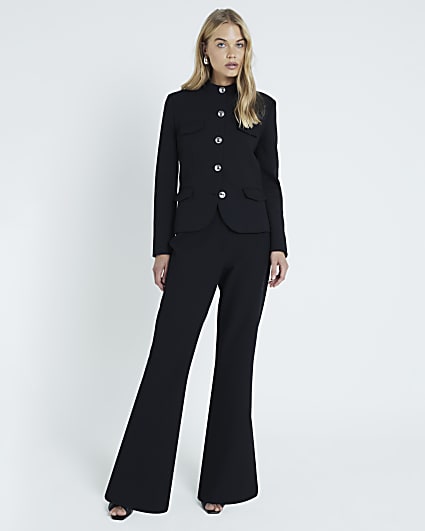 Black side split soft flared trousers