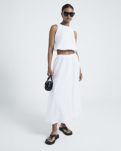 White Bubble Hem Midi Skirt