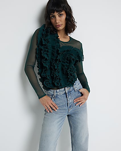 Green Mesh Frill Long Sleeve Bodysuit