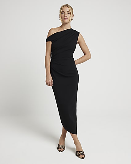 Black off shoulder bodycon midi dress