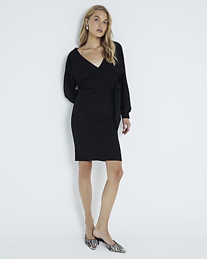 Black Wrap Belted Midi Dress