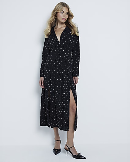 Black Long Sleeve Spotted Shirt Midi Dress