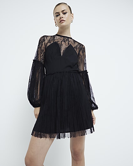 Black Lace Long Sleeve Mini Dress