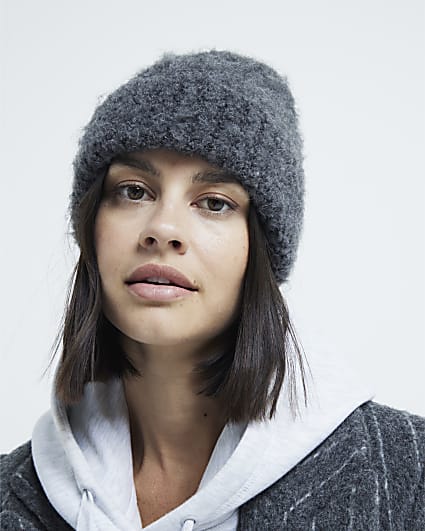 Grey Fluffy Beanie Hat