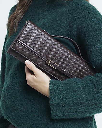 Brown Woven Buckle Crossbody Strap Clutch Bag