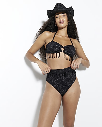 Black Jacquard High Waisted Tassel Brief