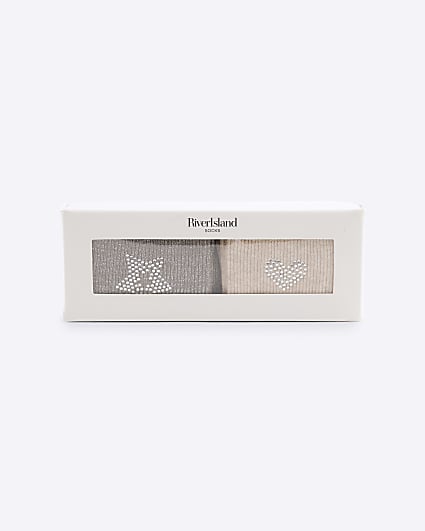 Grey & Beige 2 Pack Gift Set Diamante Socks