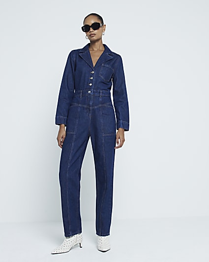 Blue Denim Long Sleeve Jumpsuit