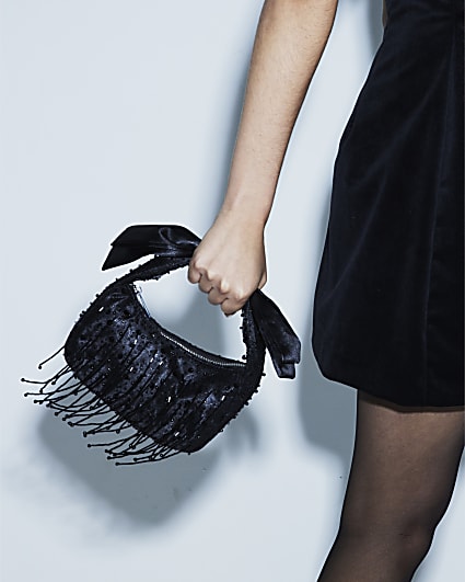 Black Beaded Bow Handle Clutch Bag