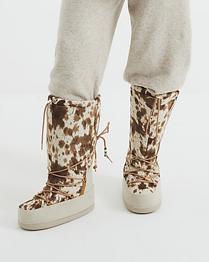 Beige Leather High Leg Cow Print Ski Boots