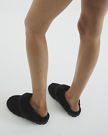 Black Suede Faux fur Lining Mule Slippers