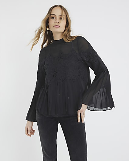 Black Lace Applique Pleated Blouse