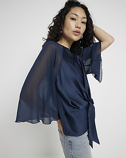 Blue Satin Hybrid Tie Front Blouse