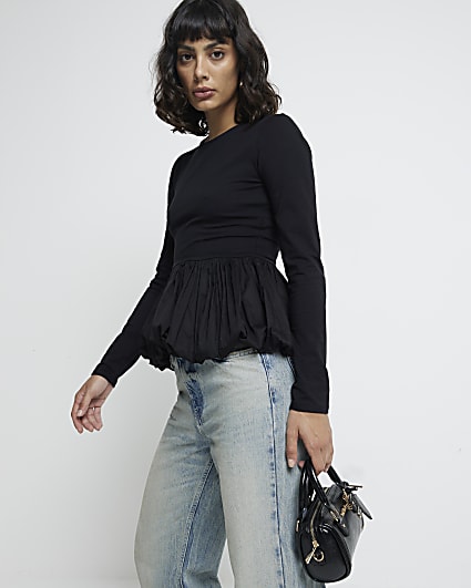 Black Bubble hem Long sleeve Top