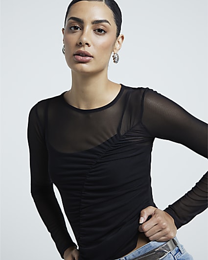 Black Mesh Ruched Detail Top