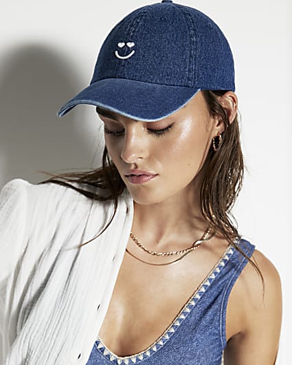 Blue Denim Smile Embroidered Cap