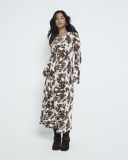 Petite Brown abstract print maxi dress