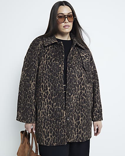 Plus Brown Leopard Funnel Neck Coat